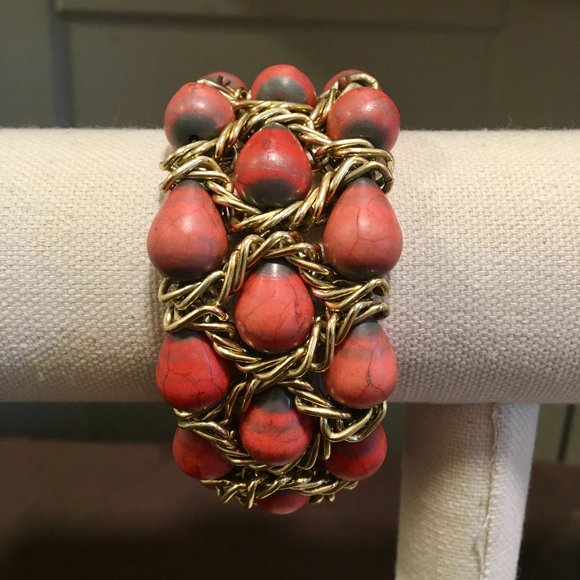 Bracelet Vintage Retro Gold Chain Orange Tear Drop - Picture 1 of 10